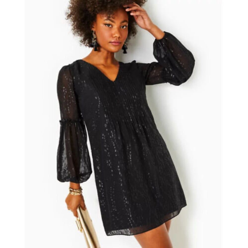 Lilly Pulitzer Cleme Long Sleeve Silk Dress in Onyx / Fish Clip Chiffon